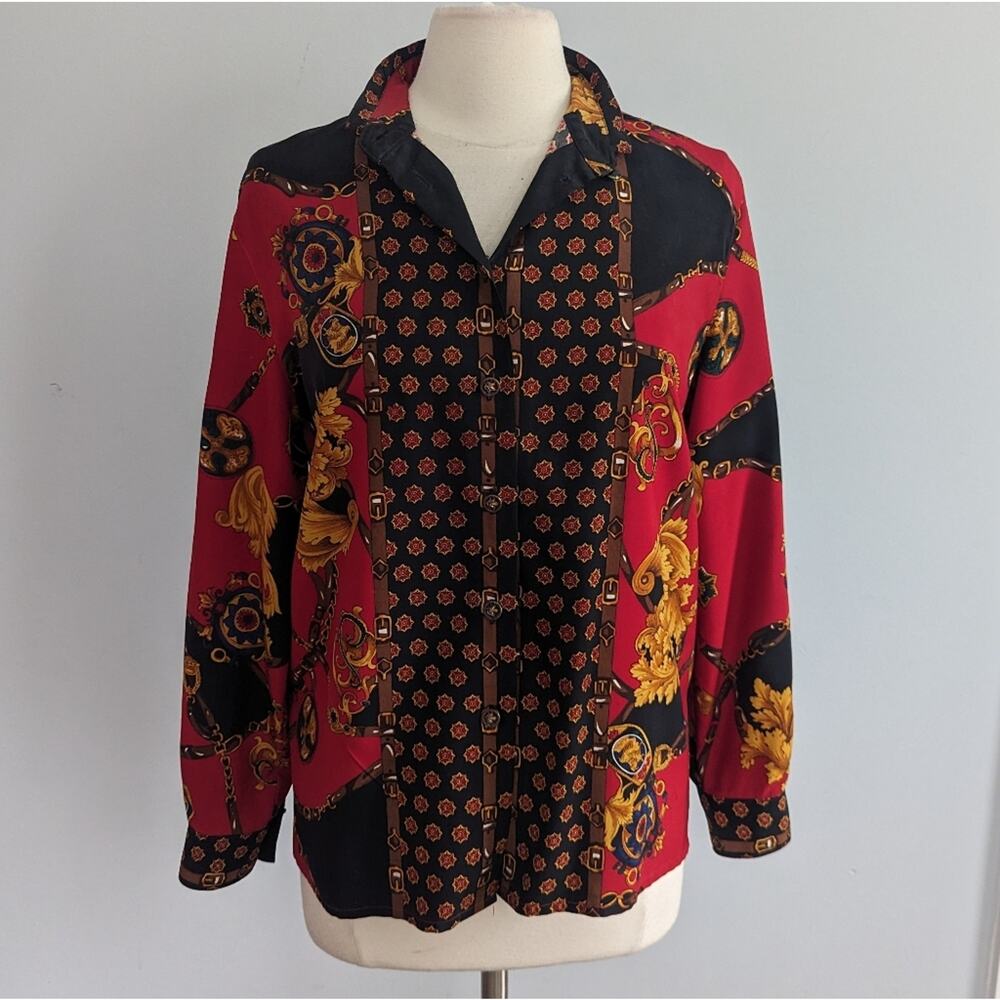 Women's Talbots 4 Silk Button Down Blouse Equestrian Red Black Small